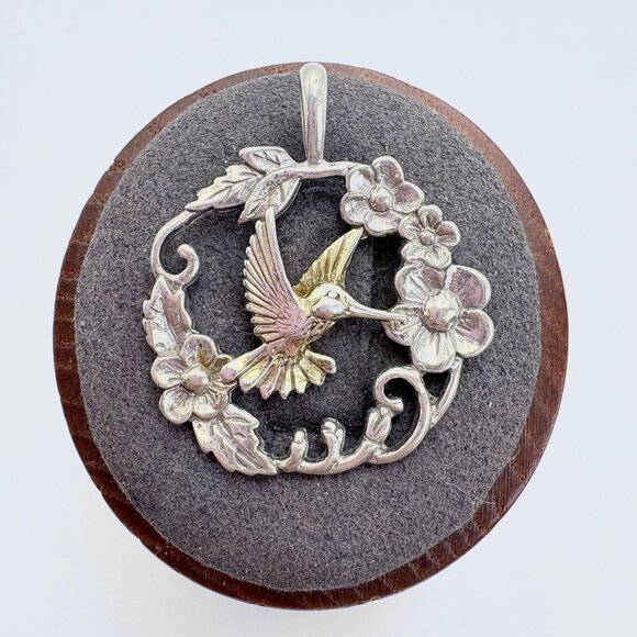 VTG Sterling Silver 925 Hummingbird Floral Circle Pendant Size 1.25" Length - Picture 1 of 11